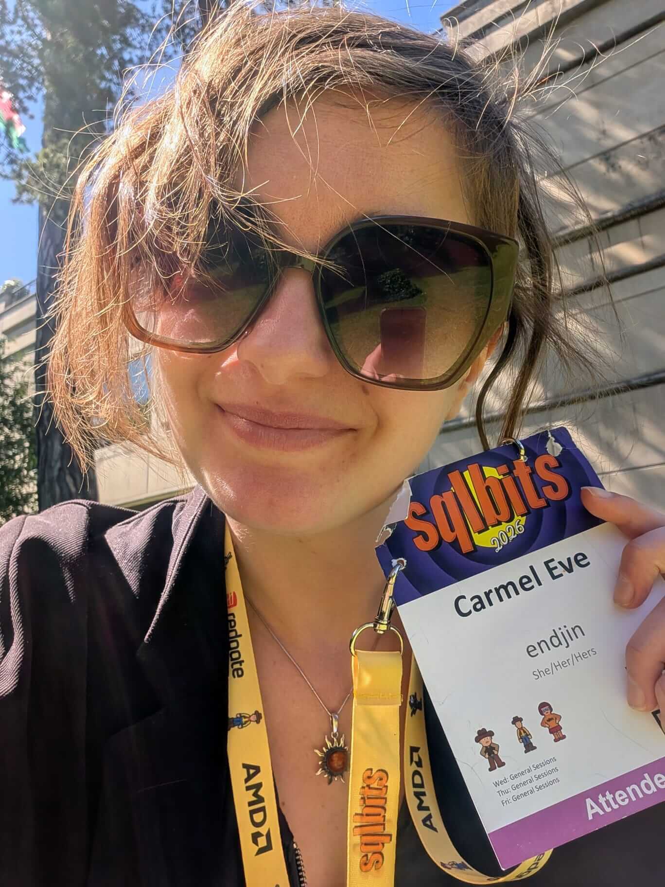 Carmel Eve with her SQLBits lanyard
