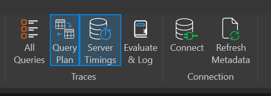 DAX Studio showing Server Timings and Query Plan enabled