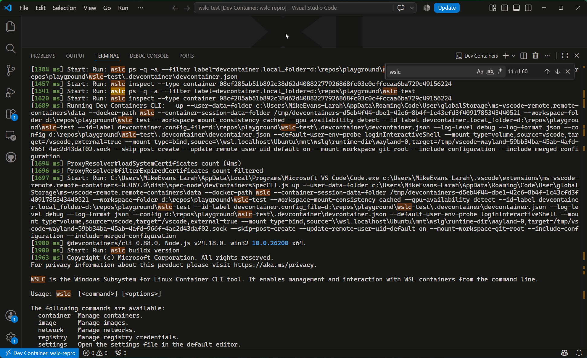 SCREENSHOT: Dev container build log showing wslc commands being executed