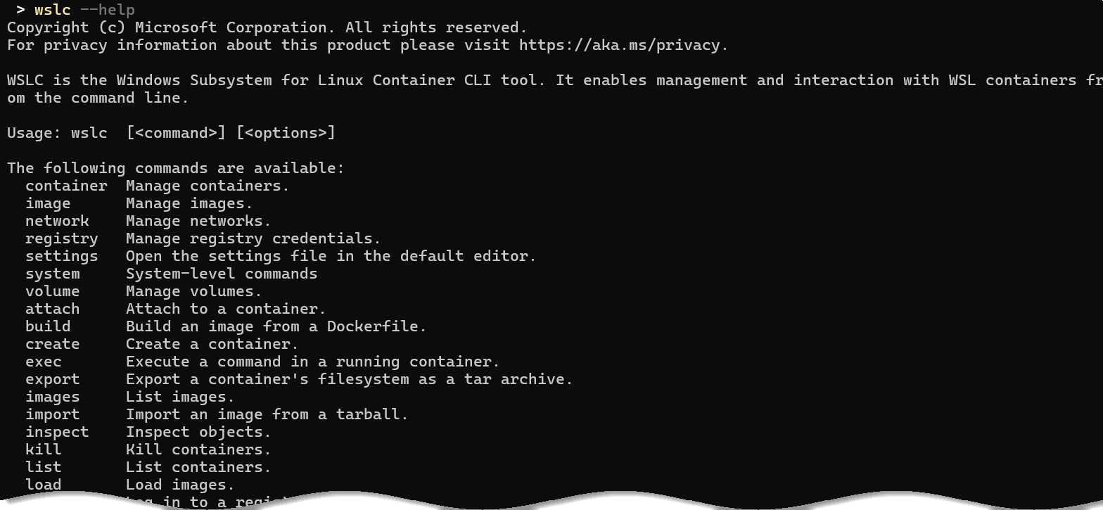 SCREENSHOT: wslc --help output showing the available commands