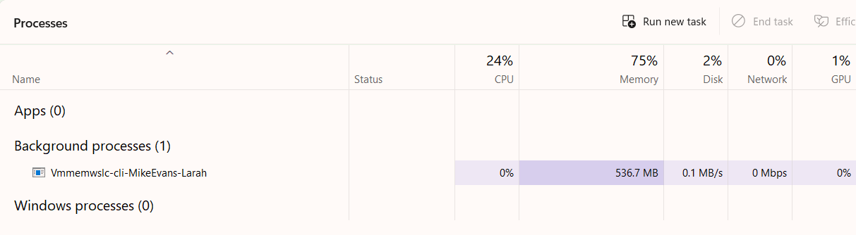 SCREENSHOT: Task Manager showing the WSL Containers background VM process