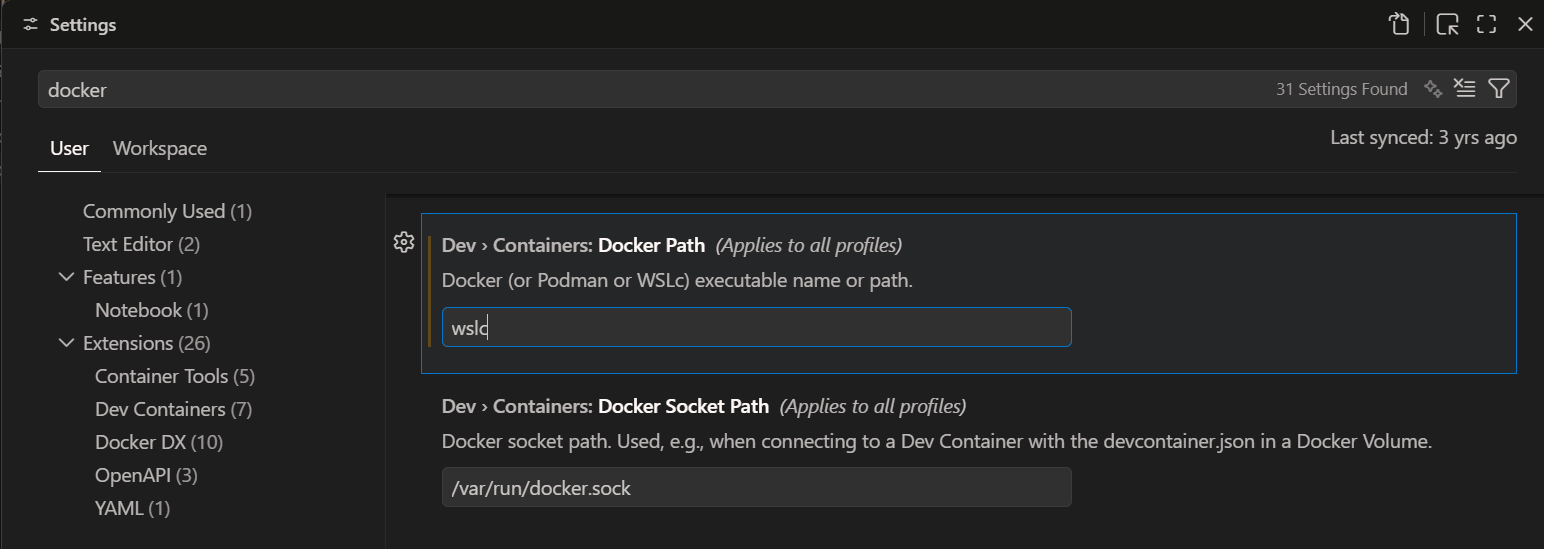 SCREENSHOT: VS Code settings showing the Dev Containers Docker Path set to wslc