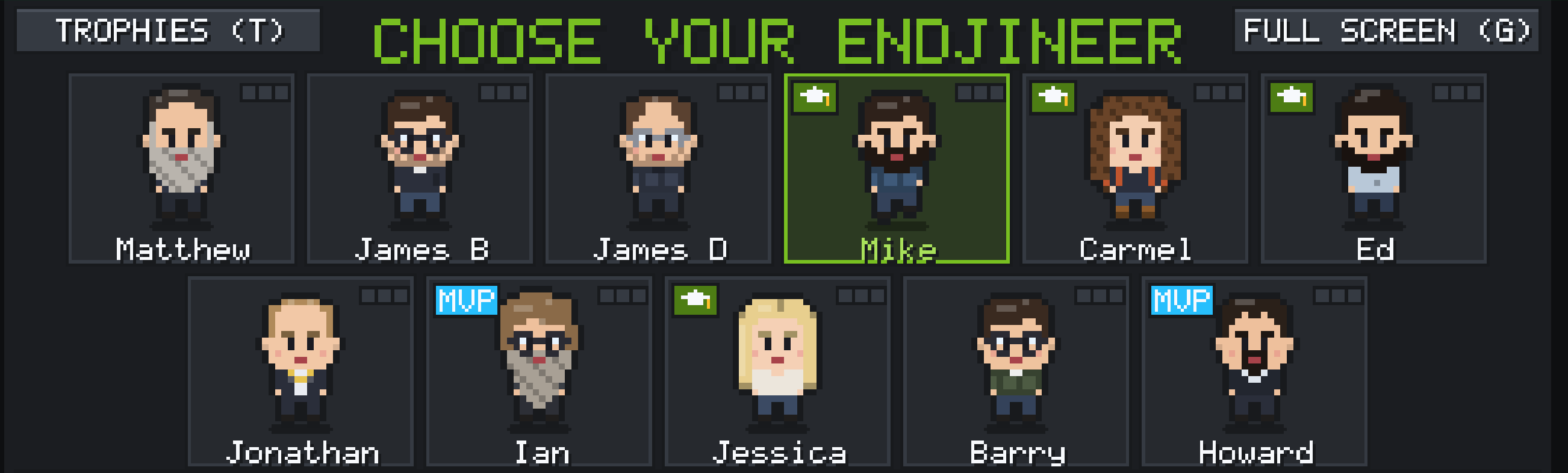 Character select screen showing the pixel-art sprites of the endjineers