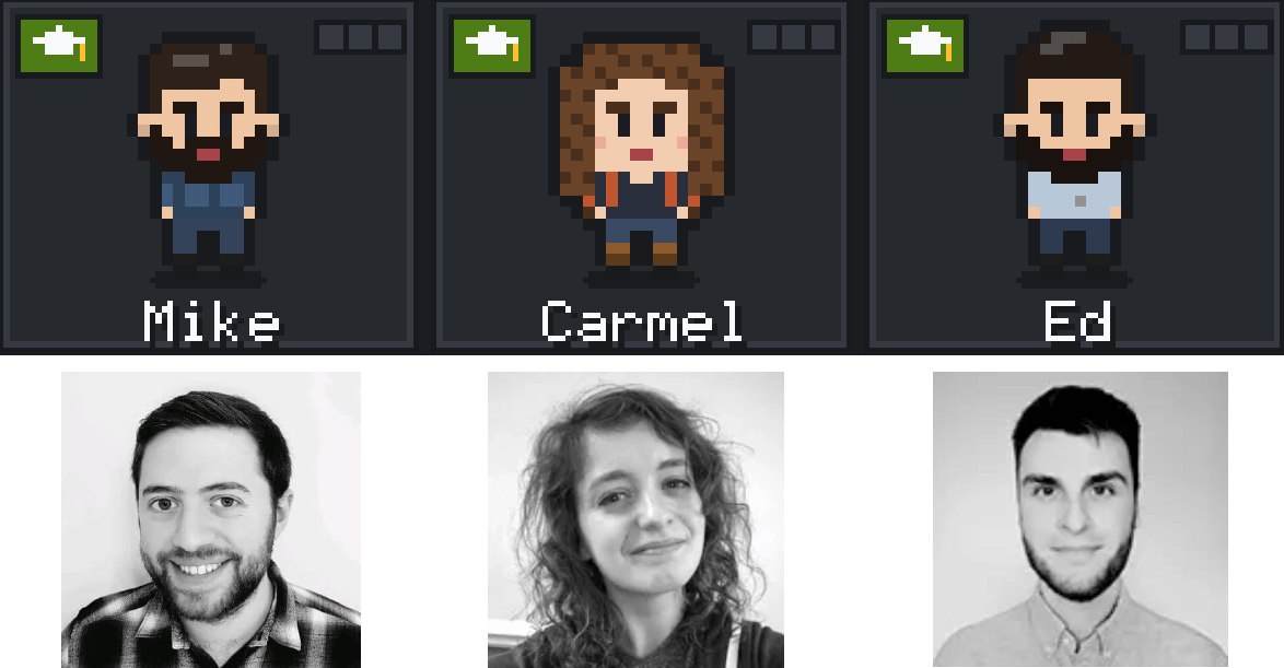 Headshots of the endjineers next to their pixel-art sprites