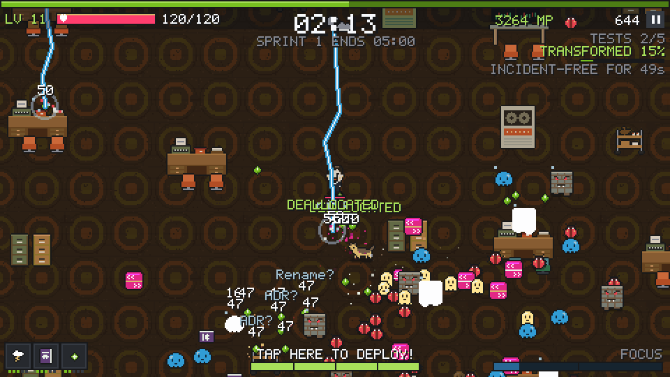 Gameplay GIF: Howard and Bean clear the screen with a deploy and the PR Comment Tsunami in Sprint 1, then Ian takes on the Legacy Monolith as the Accounts service is extracted