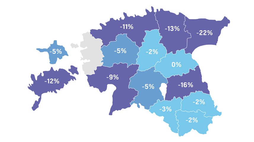 Elektrilevi äriklientide elektritarbimise vähenemine aprillis 2020 võrrelduna aprilliga 2019.