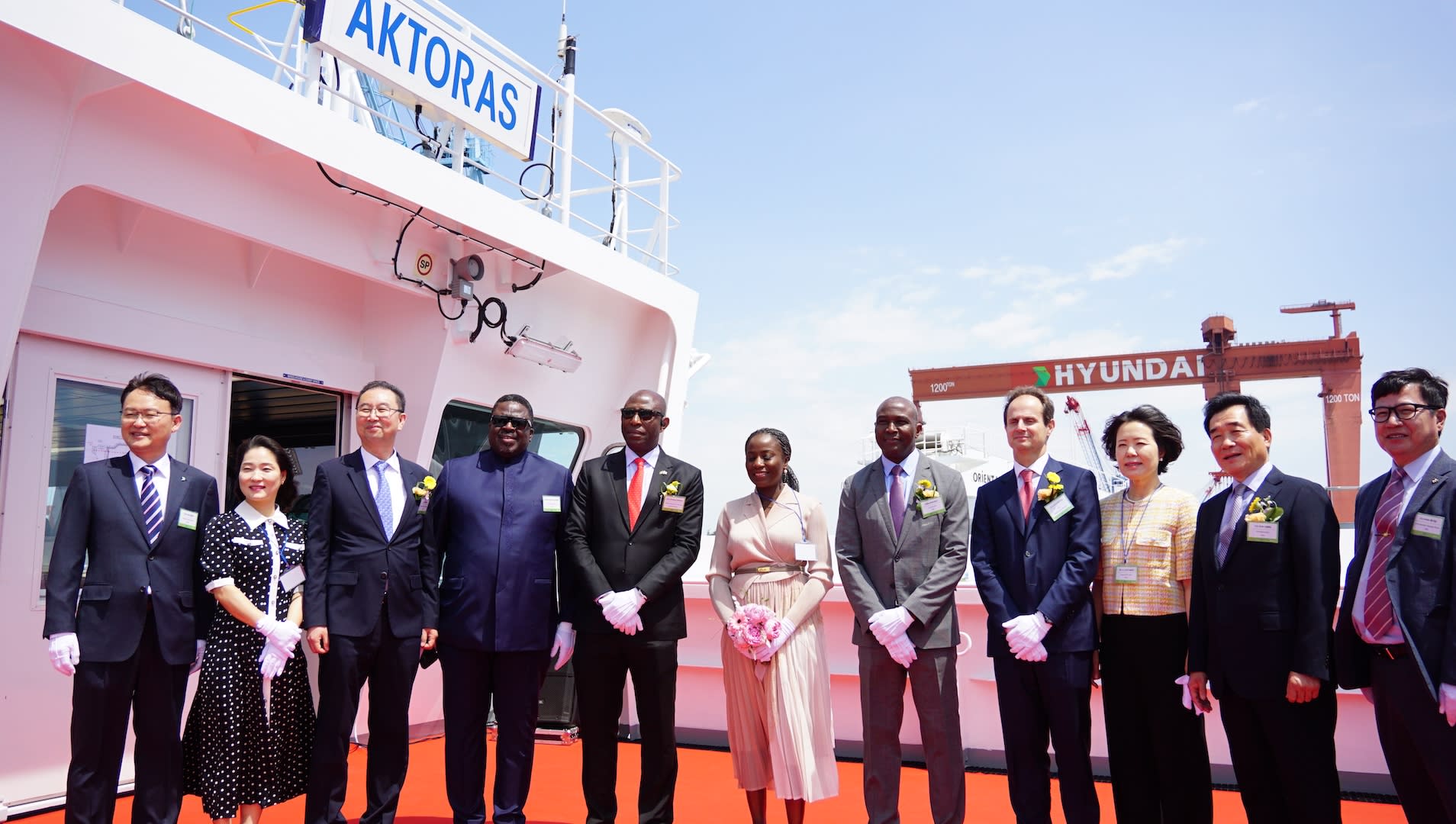 Special Adviser to the President on Energy with Managing Director Nigerian Liquified Natural Gas, Dr. Philip Mshelbila and leaders at the Hyundai Samho Heavy Industries shipyard in Mokpo, South Korea, during Aktoras Ship Naming.