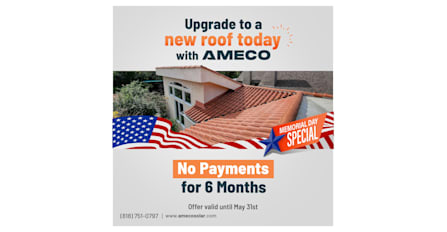 Get a new roof today and pay later!AMECO will cover the first 6 months of your roof loan payments. Don't miss out – this offer ends May 31st!