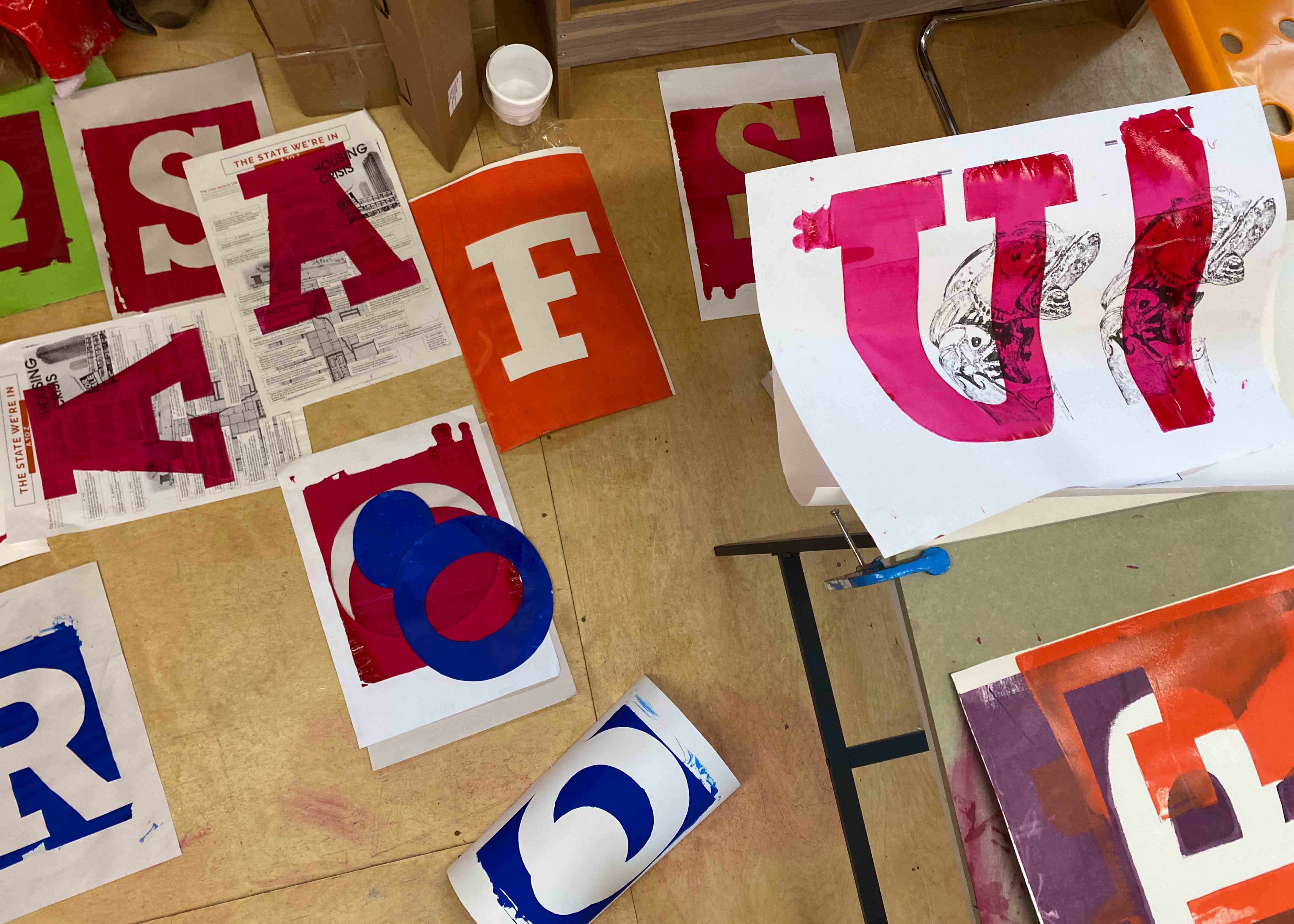 Test screenprints of lettering