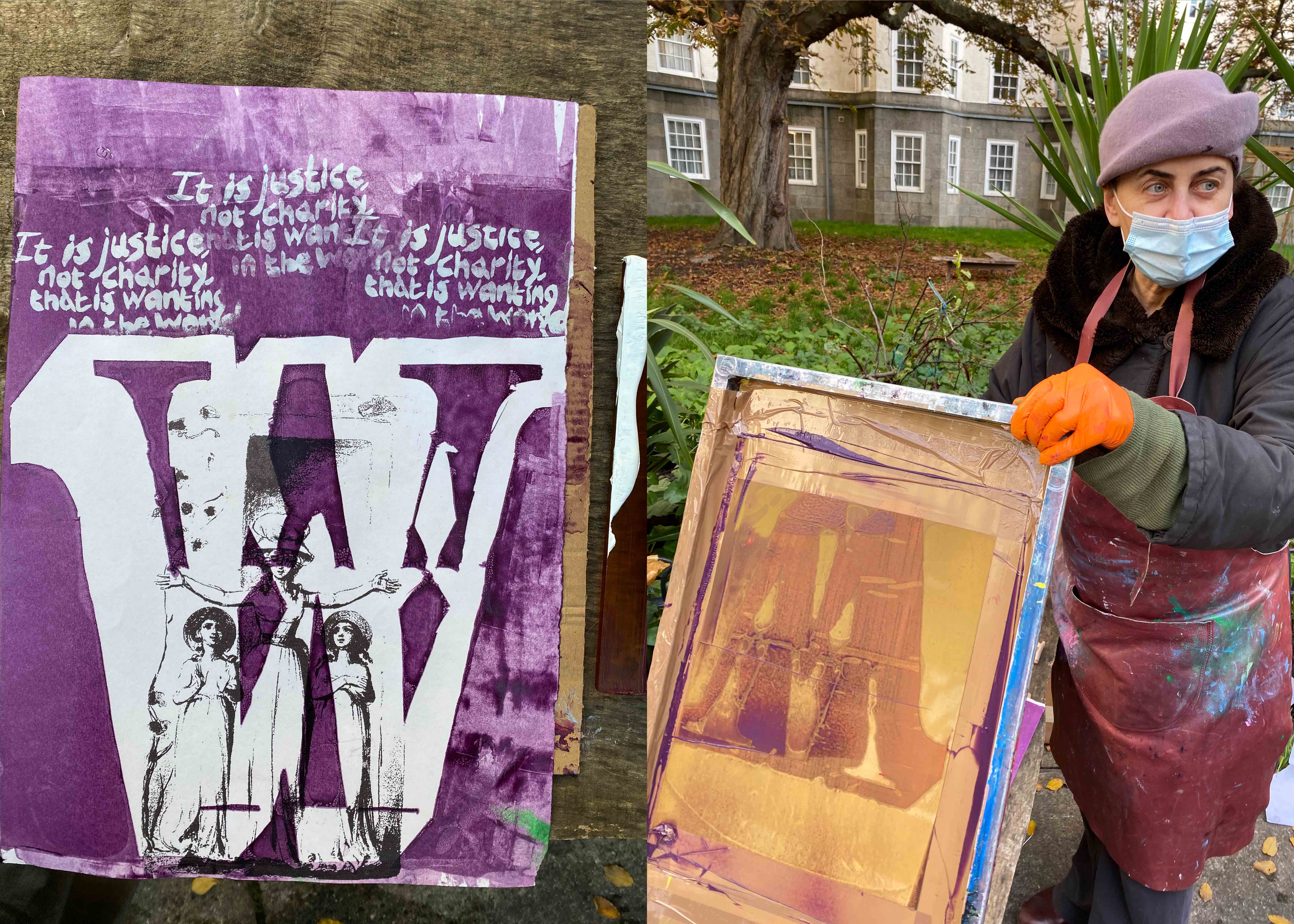 Woman screenprinting outside