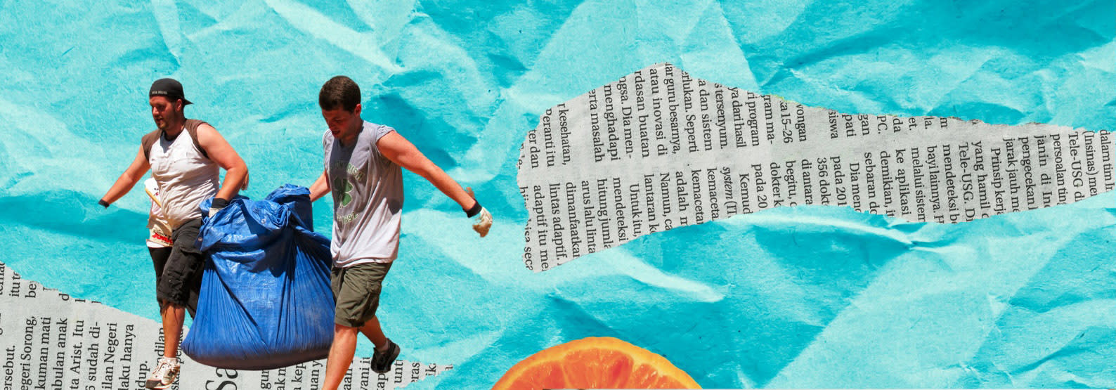 A collage of blue crumpled paper, newsprint, and a photo of waste being carried away