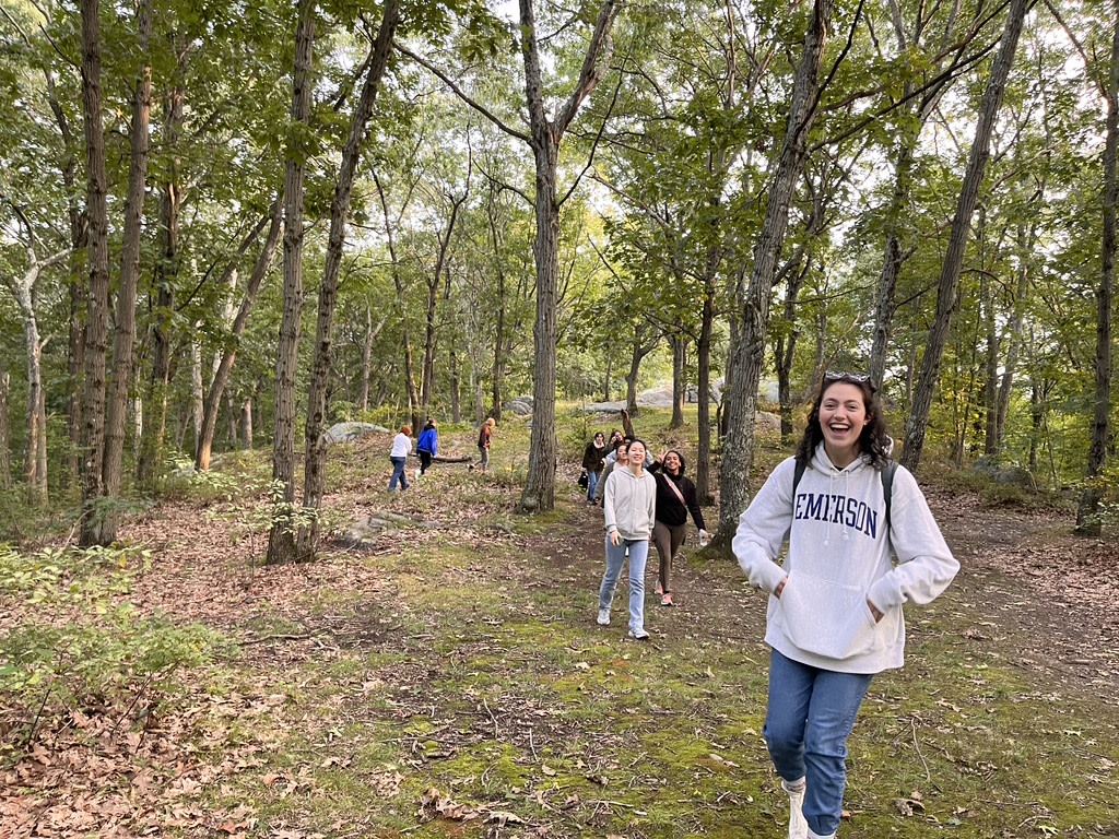 Emerson students on a walk through the woods