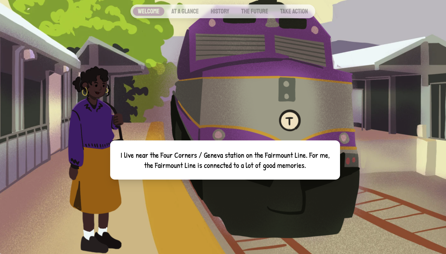 An illustration of a Black woman standing on a Commuter Rail platform