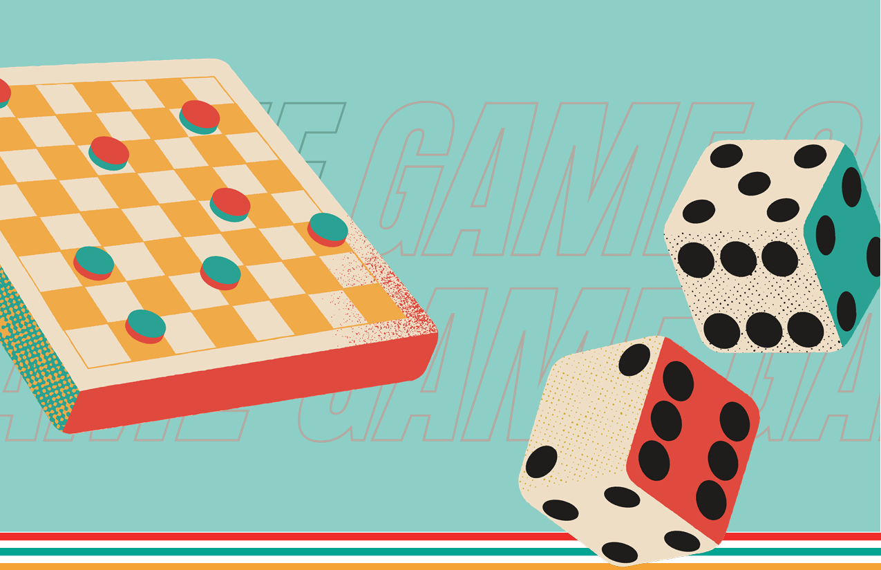 Game Night graphic with checkerboard and dice in Engagement Lab's colors