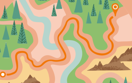 A map with trees, mountains, rivers, and a red line marking trajectory 