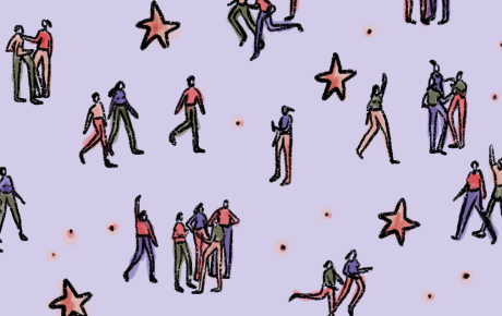 a number of illustrated people solo and in pairs across a purple background with stars