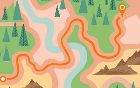 A map with a marked orange line running between trees, mountains, and rivers