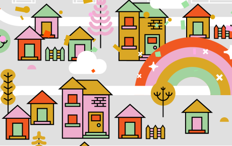 Illustrated houses, trees, and roads connected through a rainbow