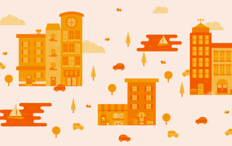 An illustration of orange buildings, trees, and vehicles