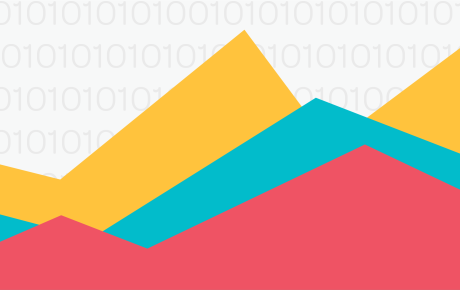 Three colorful shapes evoking line graphs over rows of binary code