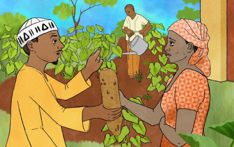 An illustration of Ananse with two other people amidst leafy growing plants