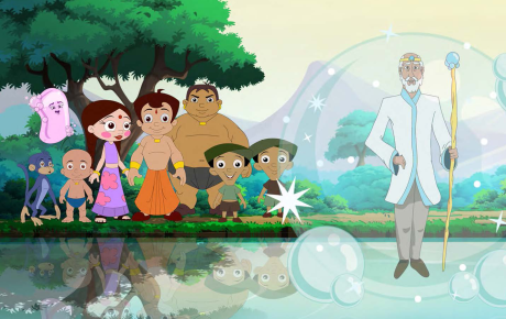 Chhota Bheem and other cartoon characters by a reflective body of water