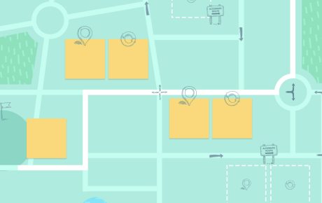 A teal map of city streets with yellow post-its 