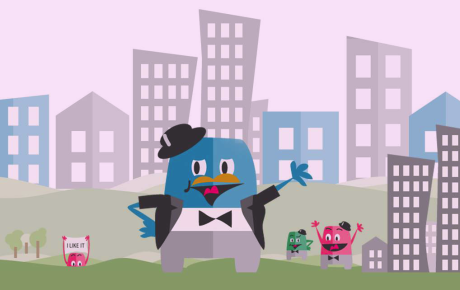 A blue tuxedoed cartoon character in front of a city skyline
