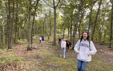 Studio participants walking through Sherrin Woods