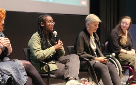 Panelists Juwaria Jama, Susan Lemont, and Naia Tenerowicz