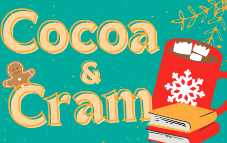 The words "Cocoa and Cram" alongside a mug of hot cocoa and a stack of books