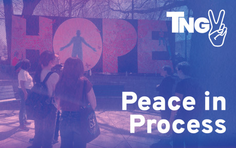 Peace in Process on a purple image of people gathered in front of a mural reading HOPE