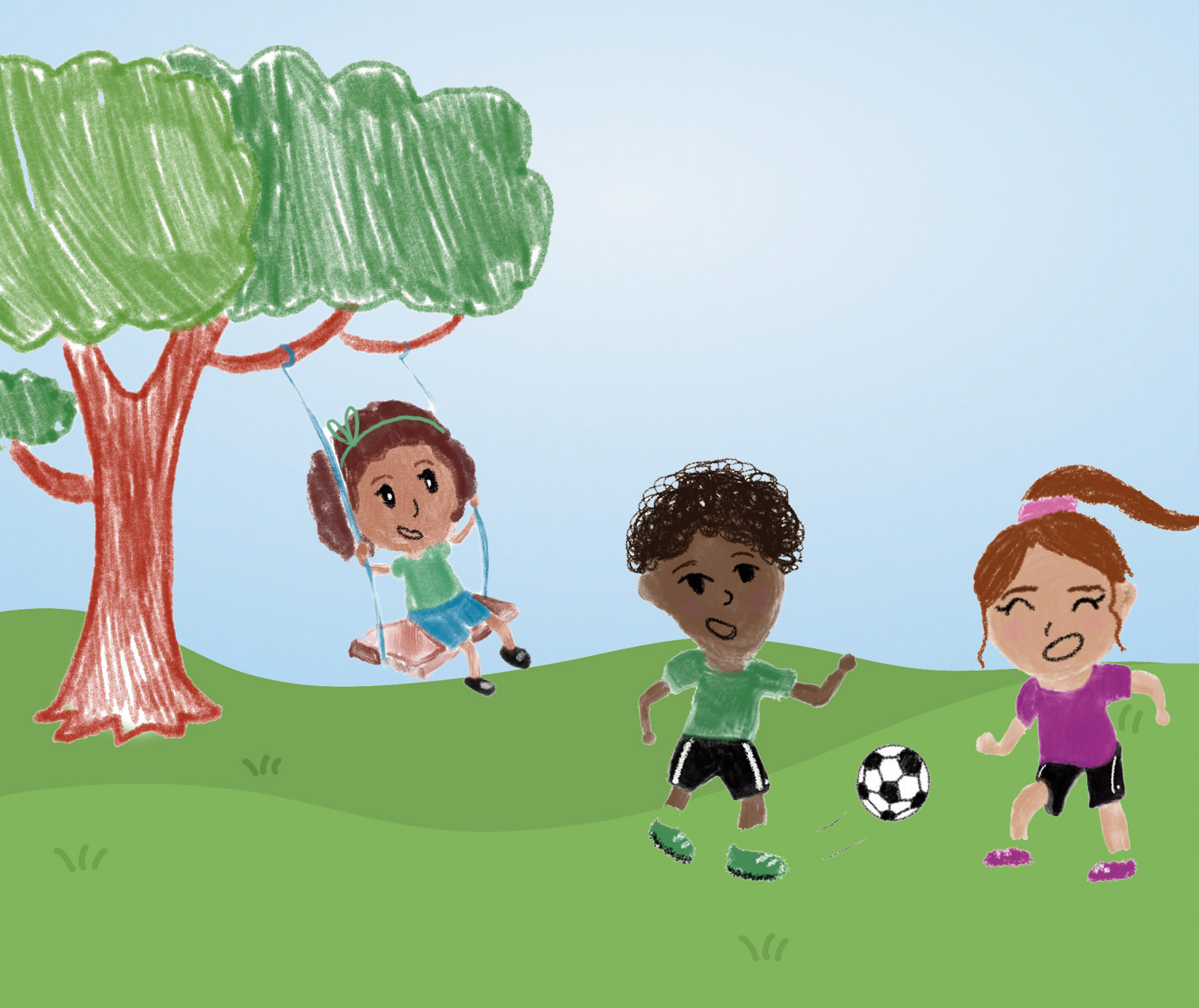 An illustration of children playing in green space by a tree