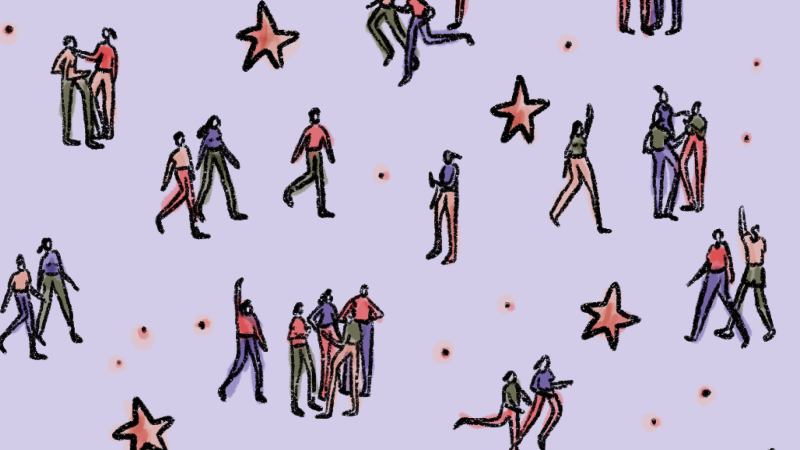 a number of illustrated people solo and in pairs across a purple background with stars