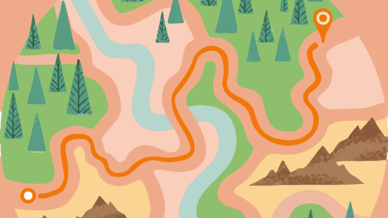 A map with a marked orange line running between trees, mountains, and rivers