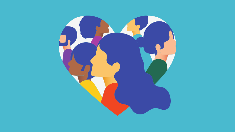 A heart on a blue field made up of silhouettes of people with different skintones