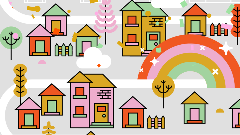 Illustrated houses, trees, and roads connected through a rainbow