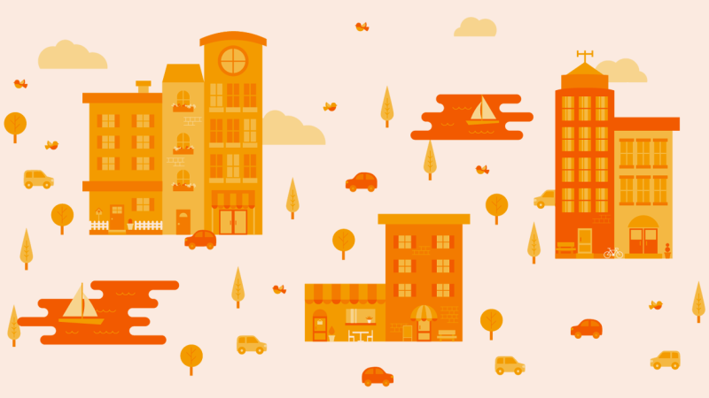 An illustration of orange buildings, trees, and vehicles