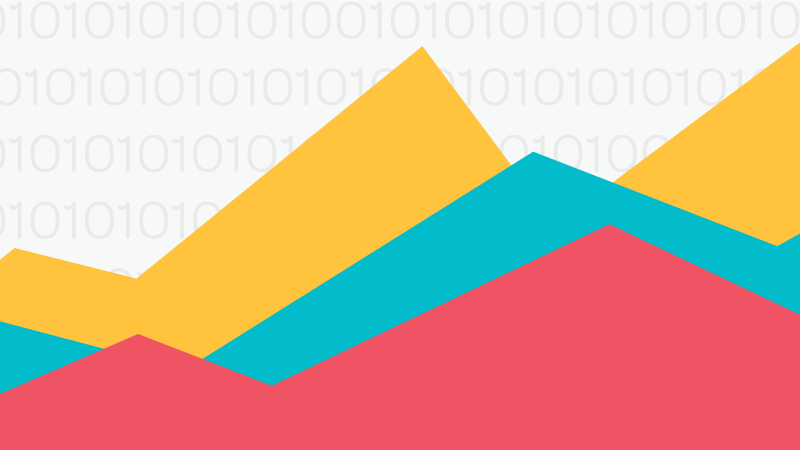 Three colorful shapes evoking line graphs over rows of binary code