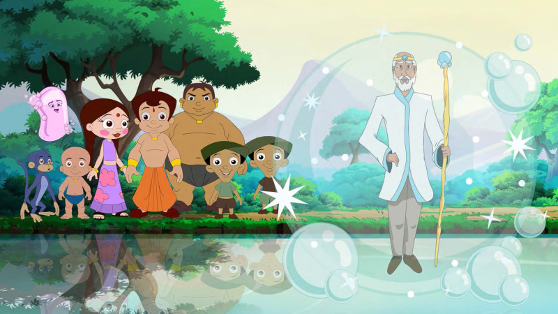 Chhota Bheem and other cartoon characters by a reflective body of water