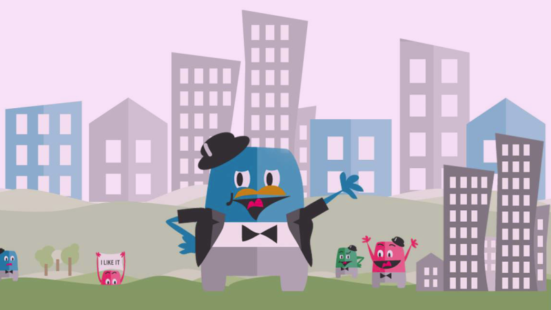 A blue tuxedoed cartoon character in front of a city skyline