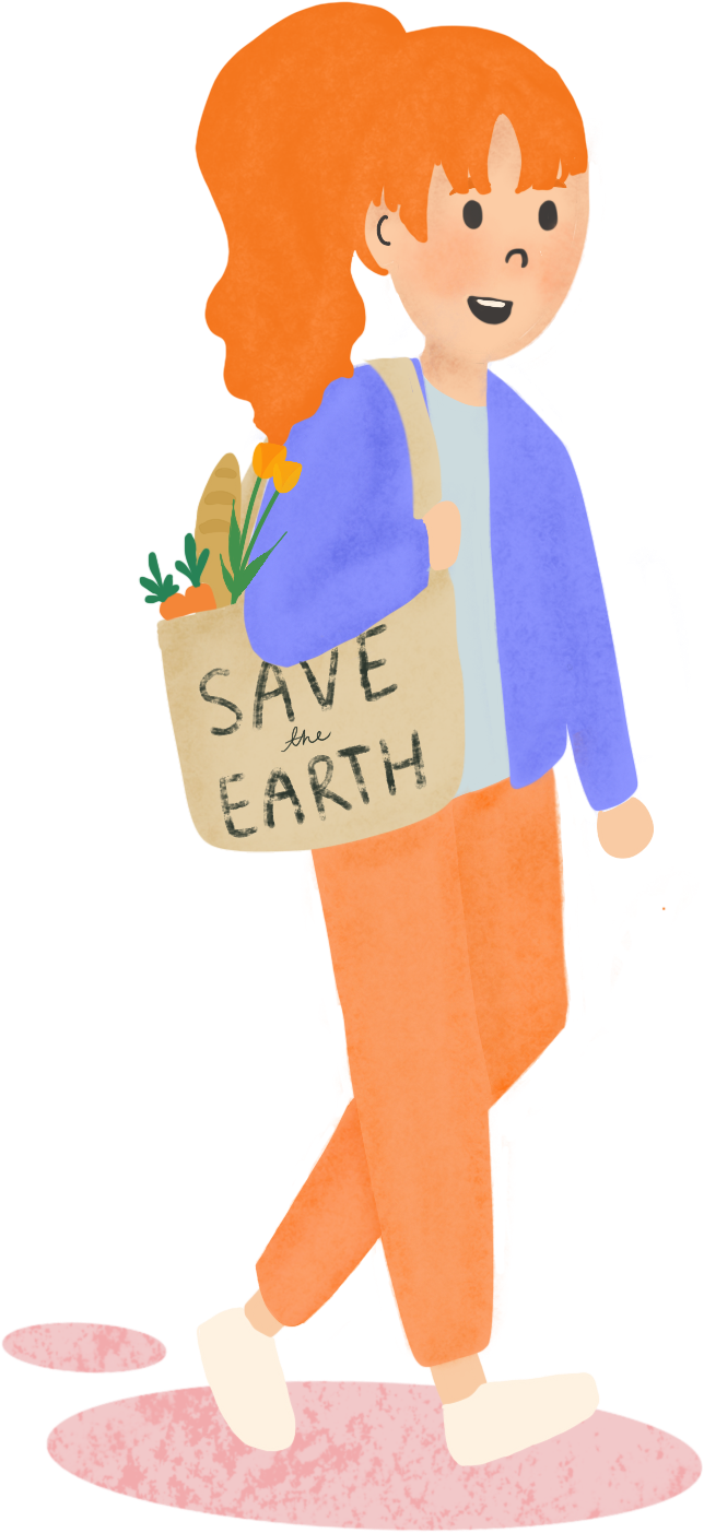 A cartoonish drawing of a young woman carrying a bag full of carrots and bread. The bag has the words "Save the Earth" on it.