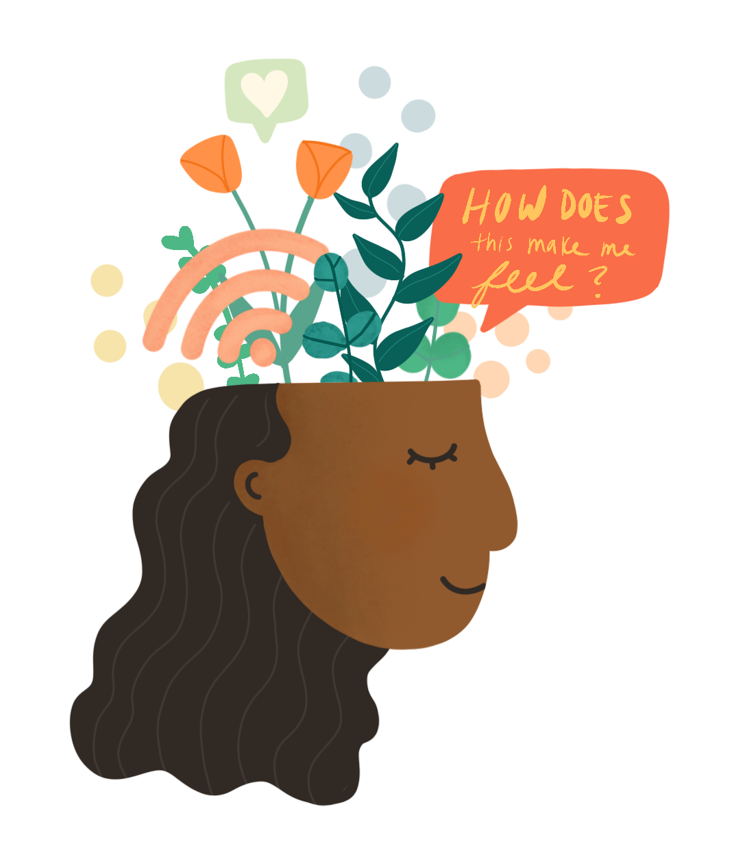 A cartoonish drawing of the side-view of the bottom three-quarters of a woman's head. On the other top quarter above her head are drawings of a wifi signal symbol, flowers and plants, and circles, as well as a red thought bubble that has the words "How does this make me feel?" in it.