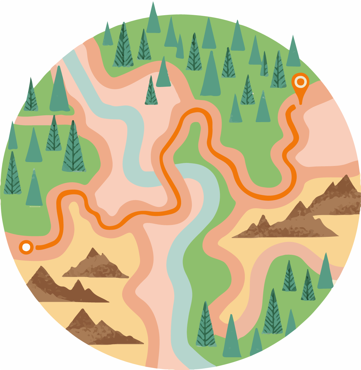 A cartoon-like drawing of a map, containing imagery of trees, a river, mountains, and a drawn path over a trail.