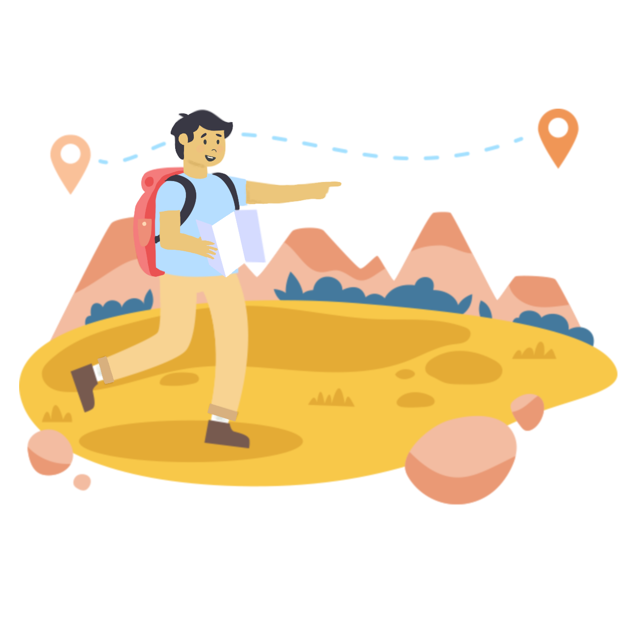 A cartoonish drawing young boy with a backpack holding a map and standing in front of a mountaineous region. Two arrow icons and a dotted line representing a path float above him.