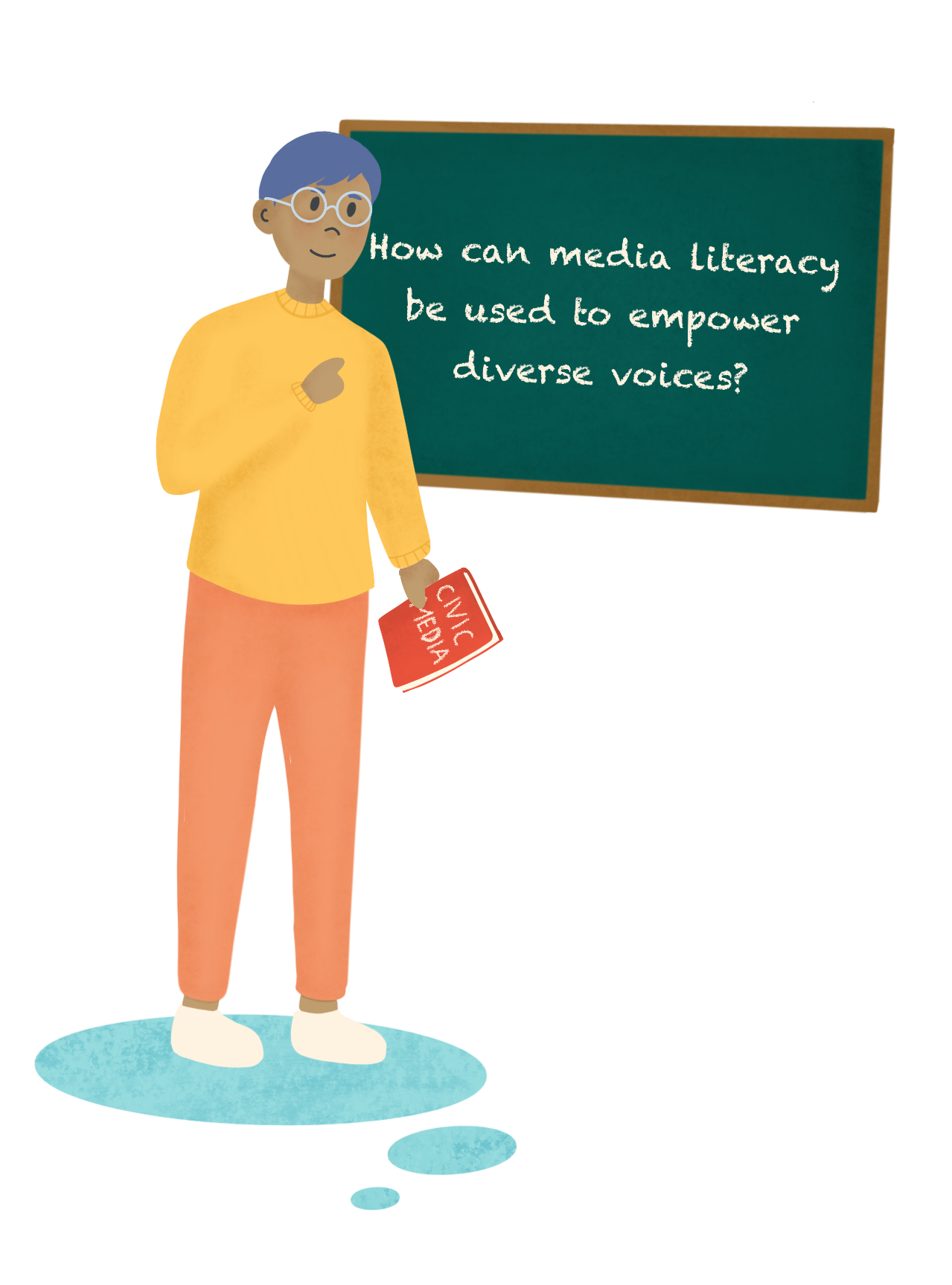 A cartoonish drawing of a professorial-looking person in front of a chalkboard. They are holding a red book with the title "Civic Media", and the chalkboard has the words "How can media literacy be used to empower diverse voices?" on it.