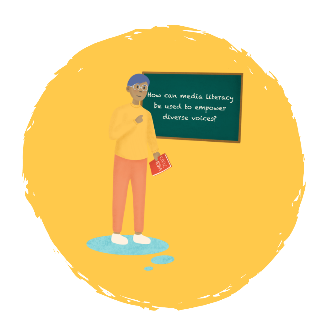 A cartoonish drawing of a professorial-looking person in front of a chalkboard. They are holding a red book with the title "Civic Media", and the chalkboard has the words "How can media literacy be used to empower diverse voices?" on it. The drawing is on top of a yellow circle.