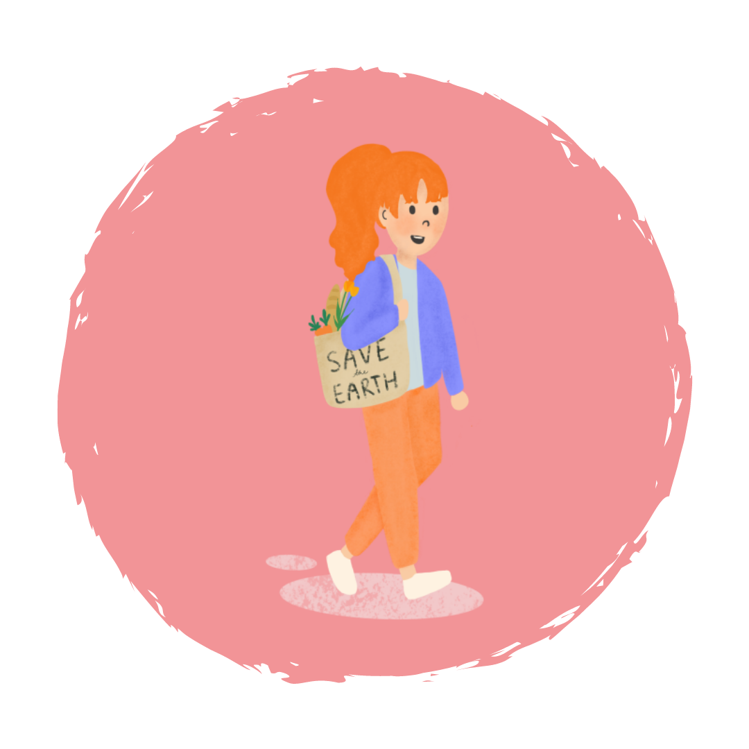 A cartoonish drawing of a young woman carrying a bag full of carrots and bread. The bag has the words "Save the Earth" on it. The drawing is on top of a pink circle.