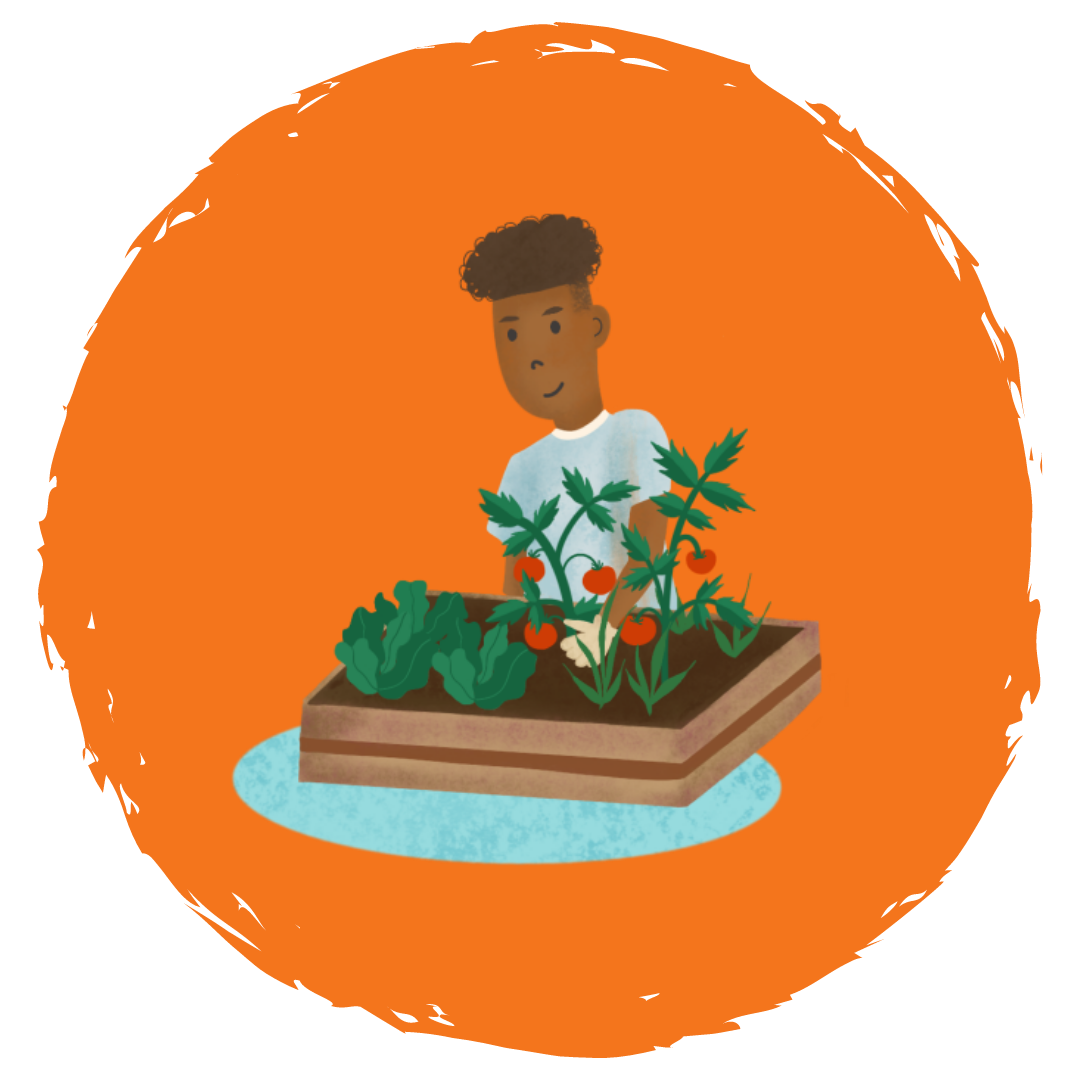 A cartoonish drawing of a boy tending a garden in front of a large orange circle.