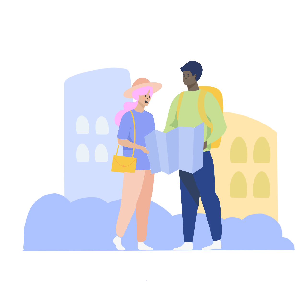 A cartoonish drawing of a man and woman looking at a map in front of two buildings.